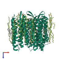 Homo trimeric assembly 1 of PDB entry 1c3w coloured by chemically distinct molecules, top view.