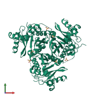 Homo trimeric assembly 1 of PDB entry 1c4t coloured by chemically distinct molecules, front view.