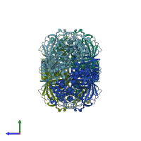 PDB entry 1cf9 coloured by chain, side view.