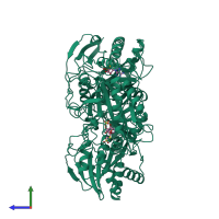 Homo trimeric assembly 1 of PDB entry 1cg6 coloured by chemically distinct molecules, side view.