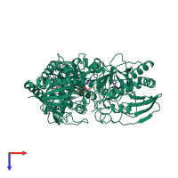 Homo trimeric assembly 1 of PDB entry 1cg6 coloured by chemically distinct molecules, top view.