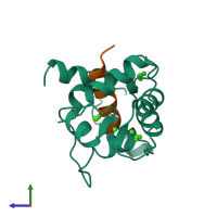 PDB entry 1cm4 coloured by chain, side view.