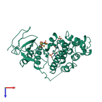 Monomeric assembly 2 of PDB entry 1cm8 coloured by chemically distinct molecules, top view.