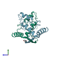 PDB entry 1cmb coloured by chain, side view.