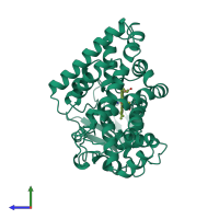 PDB entry 1cmn coloured by chain, side view.