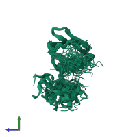 PDB entry 1cmo coloured by chain, ensemble of 43 models, side view.