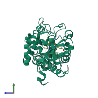 PDB entry 1cmq coloured by chain, side view.