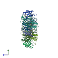 PDB entry 1com coloured by chain, side view.