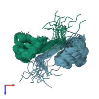 PDB entry 1cop coloured by chain, ensemble of 20 models, top view.