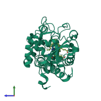 PDB entry 1cpe coloured by chain, side view.