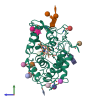 PDB entry 1cpo coloured by chain, side view.