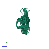 PDB entry 1cxo coloured by chain, ensemble of 9 models, side view.