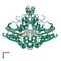 Homo dimeric assembly 2 of PDB entry 1d4a coloured by chemically distinct molecules, top view.