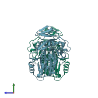 PDB entry 1dc3 coloured by chain, side view.