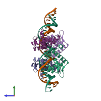 PDB entry 1ddn coloured by chain, side view.