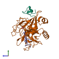 Hetero trimeric assembly 2 of PDB entry 1de7 coloured by chemically distinct molecules, side view.