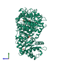 Homo trimeric assembly 2 of PDB entry 1dea coloured by chemically distinct molecules, side view.
