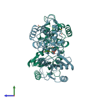 PDB entry 1dek coloured by chain, side view.