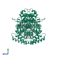 Homo dimeric assembly 1 of PDB entry 1df1 coloured by chemically distinct molecules, side view.