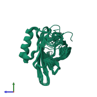 PDB entry 1df3 coloured by chain, ensemble of 10 models, side view.