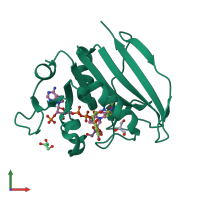 PDB entry 1dg7 coloured by chain, front view.