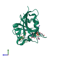 PDB entry 1dg7 coloured by chain, side view.