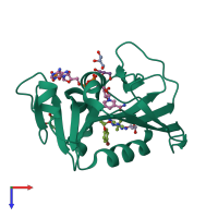 PDB entry 1dg7 coloured by chain, top view.