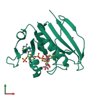 PDB entry 1dg8 coloured by chain, front view.