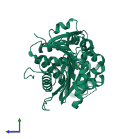 PDB entry 1dgm coloured by chain, side view.