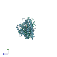 PDB entry 1dgp coloured by chain, side view.