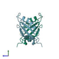 PDB entry 1dhm coloured by chain, side view.