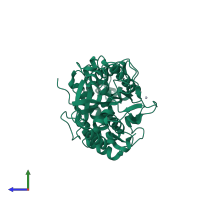 PDB entry 1dkm coloured by chain, side view.