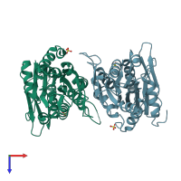 PDB entry 1dkr coloured by chain, top view.