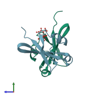 PDB entry 1dkt coloured by chain, side view.
