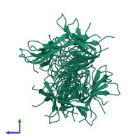 PDB entry 1dl0 coloured by chain, ensemble of 20 models, side view.