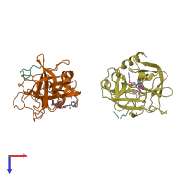 PDB entry 1dlk coloured by chain, top view.