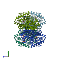 PDB entry 1dlv coloured by chain, side view.