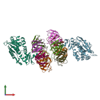 PDB entry 1dm0 coloured by chain, front view.