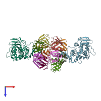 PDB entry 1dm0 coloured by chain, top view.