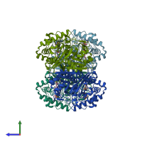 PDB entry 1dm3 coloured by chain, side view.