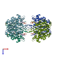 PDB entry 1dm3 coloured by chain, top view.