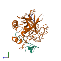 Hetero trimeric assembly 1 of PDB entry 1dm4 coloured by chemically distinct molecules, side view.