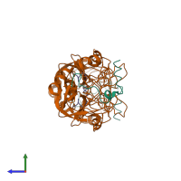 Hetero hexameric assembly 2 of PDB entry 1dm4 coloured by chemically distinct molecules, side view.