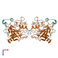 Hetero hexameric assembly 2 of PDB entry 1dm4 coloured by chemically distinct molecules, top view.