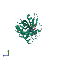 PDB entry 1dnl coloured by chain, side view.