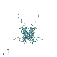 PDB entry 1dom coloured by chain, side view.