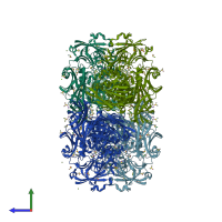 PDB entry 1dp0 coloured by chain, side view.