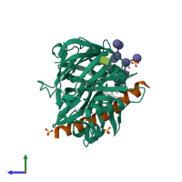 PDB entry 1dpj coloured by chain, side view.