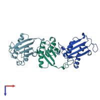 PDB entry 1dpt coloured by chain, top view.