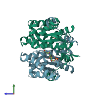 PDB entry 1ds7 coloured by chain, side view.